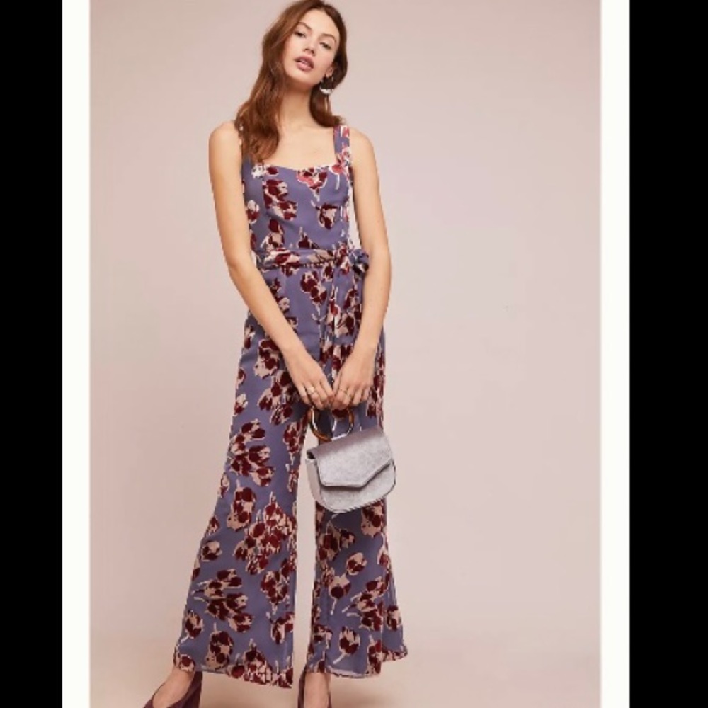 Anthropologie Velvet Burnout Jumpsuit in Purple Motif. Size 6. NWOT